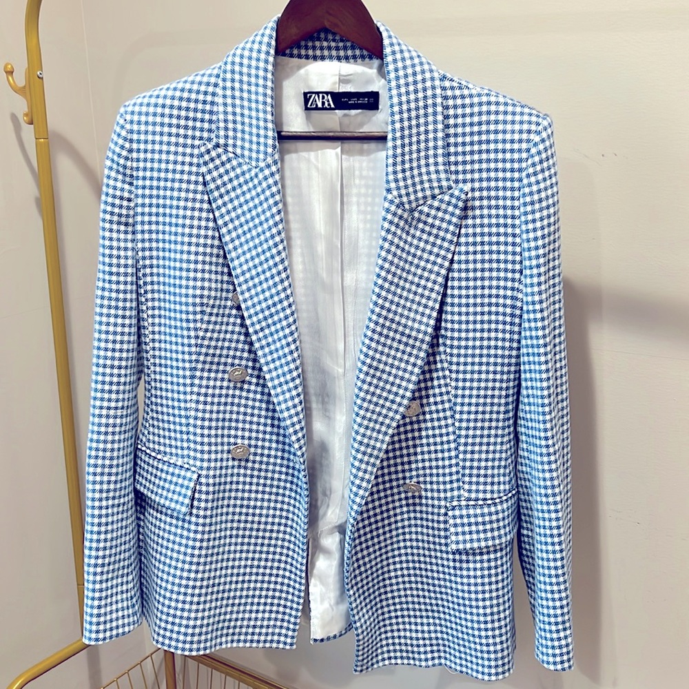 White and Blue Gingham Blazer by Zara